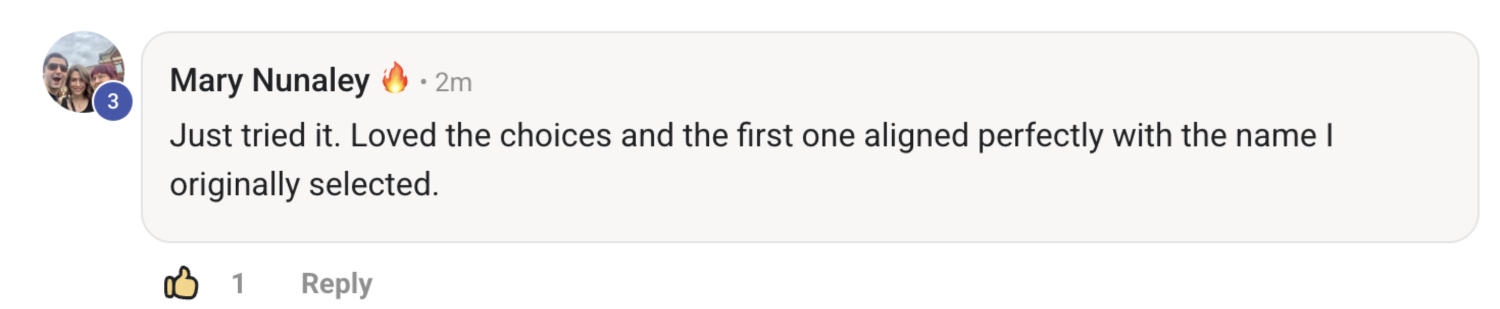 Testimonial from Mary: Just tried it. Loved the choices and the first one aligned perfectly with the name I originally selected.